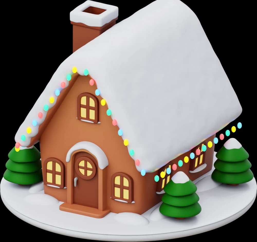 Santa's log cabin in the snow, its windows glowing