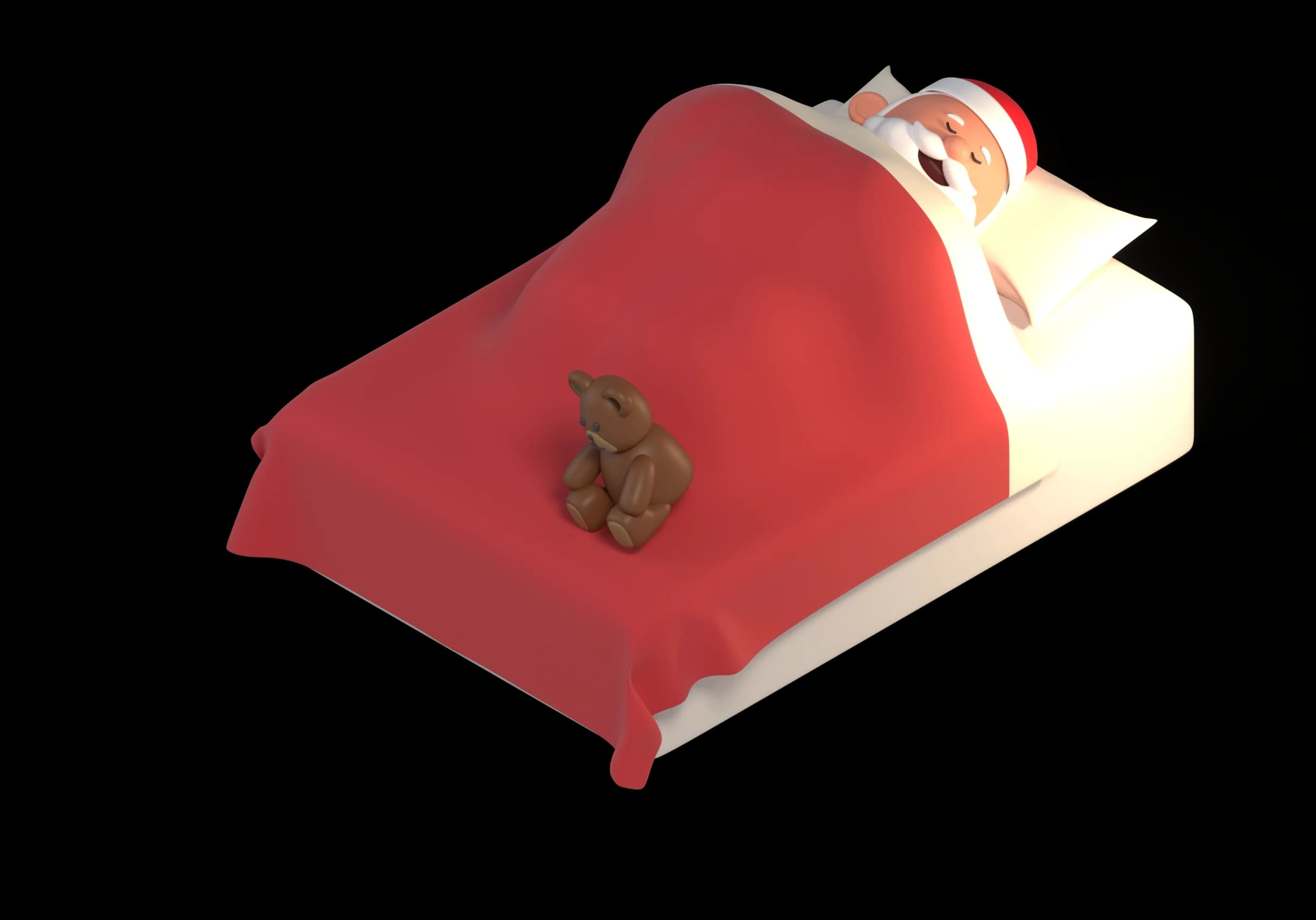 Santa fast asleep in his bed under a red quilt, with his teddy bear