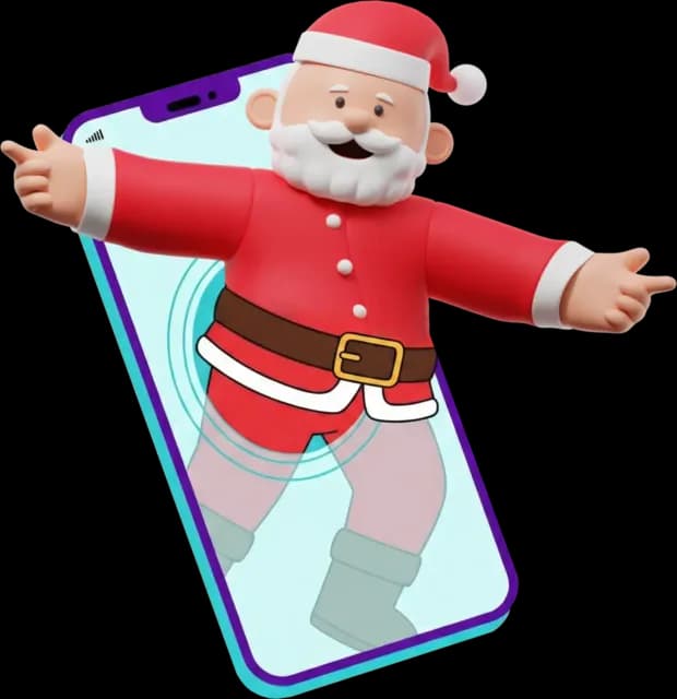 Santa leaning out of a phone screen, waving