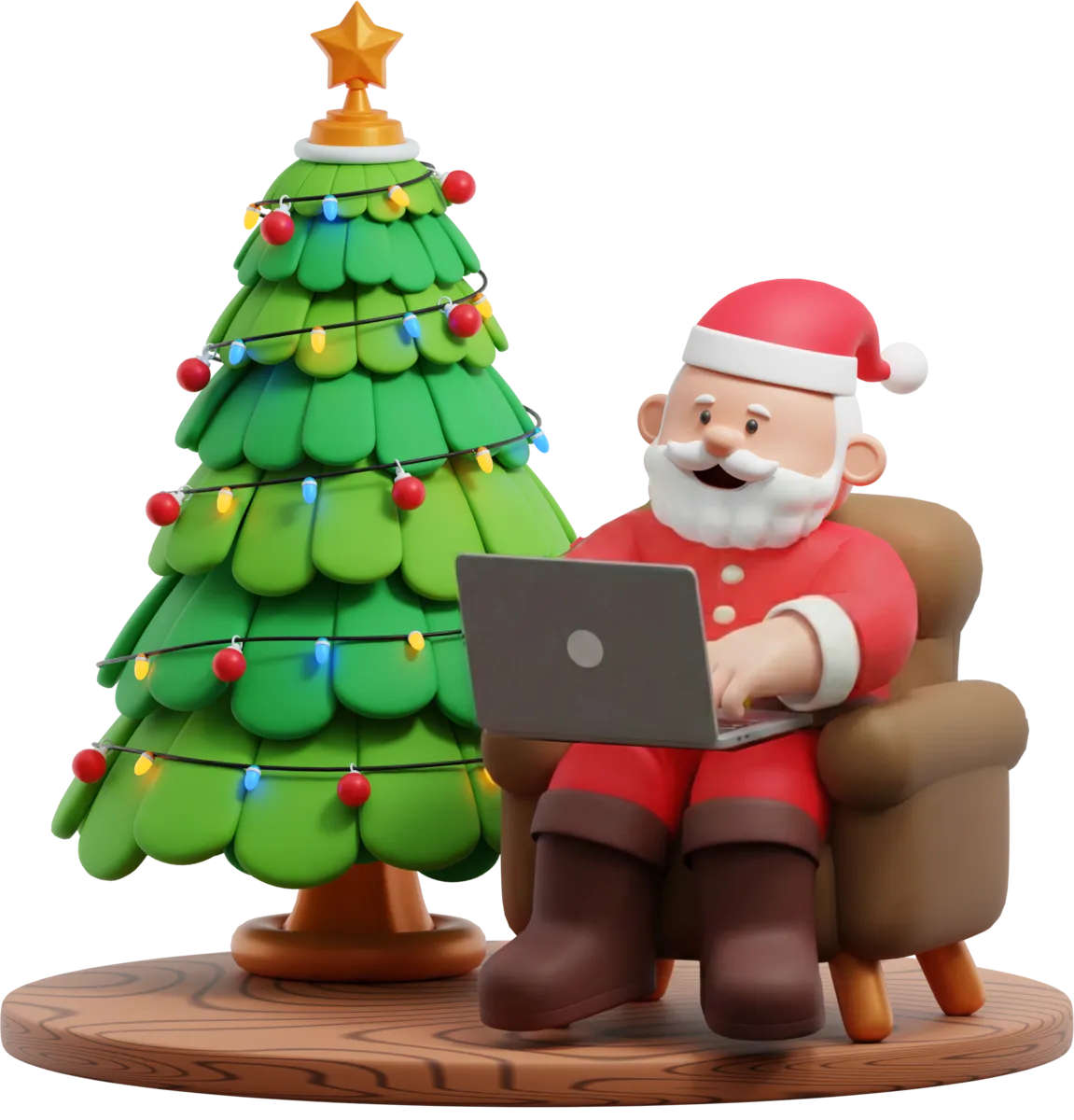 Santa at his desk, typing on a laptop beside a small Christmas tree