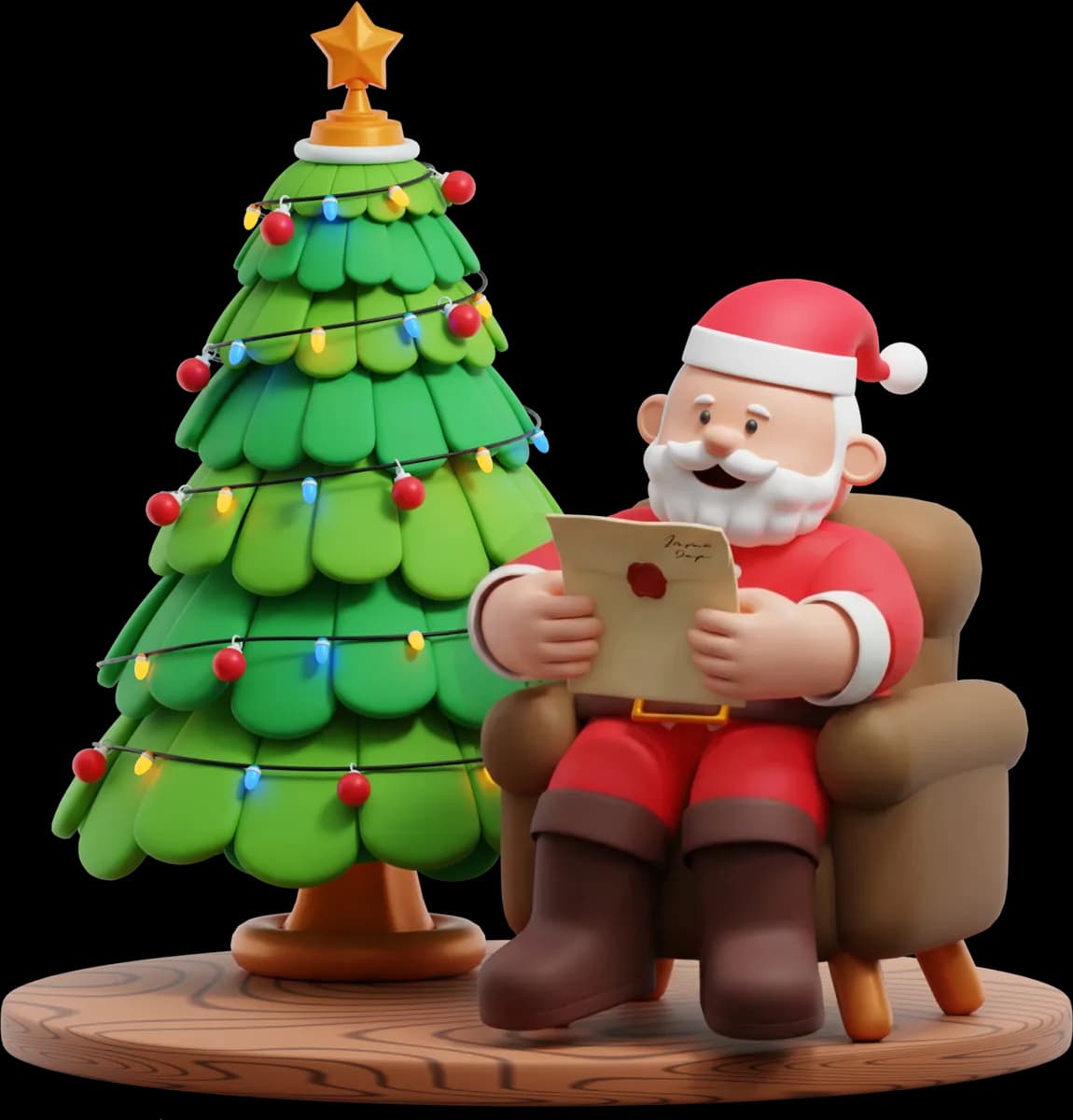 Santa in his armchair by the Christmas tree, reading a letter